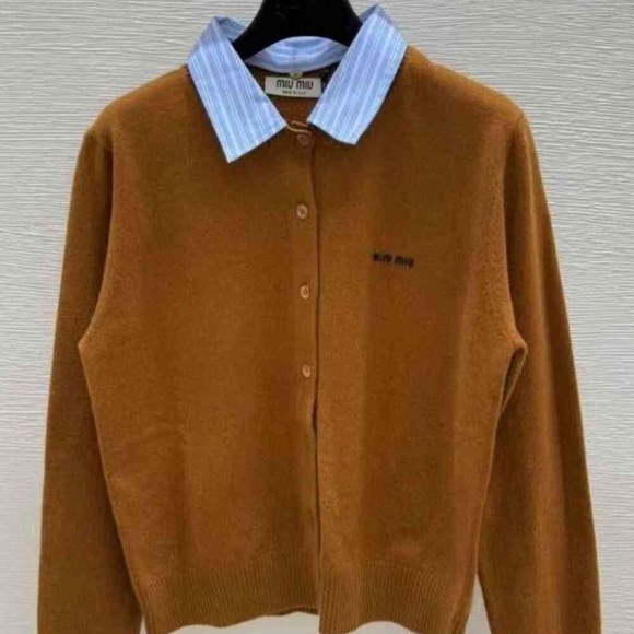 Miu Miu Tops - MIUMIU Letter Print Lapel Pullover Long Sleeve Cashmere Sweater for Women